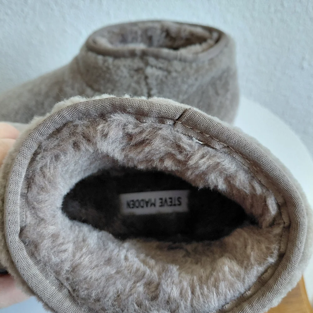 NWOB Steve Madden Cabin Taup Real Fur Upper Faux Fur Lining Booties - Picture 5 of 15